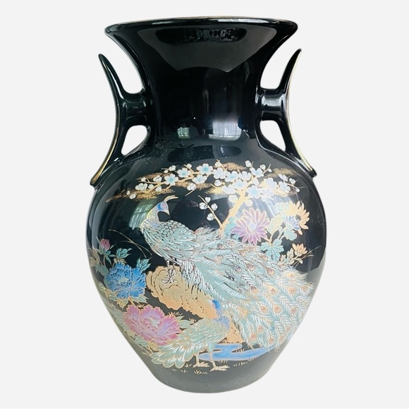 Vintage porcelain vase black hand painted floral bird detail wide handles/openin - Picture 5 of 12